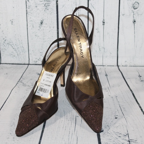 Ellen Tracy Sz 6 Pointy Beaded Toe Brown Fabric - Picture 1 of 8